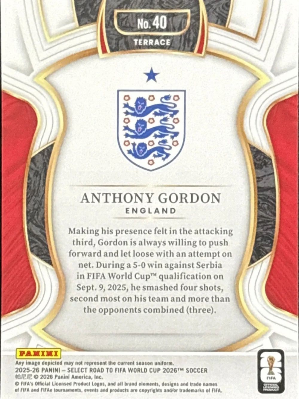 Panini Select Anthony Gordon FIFA Road to 2026 Card